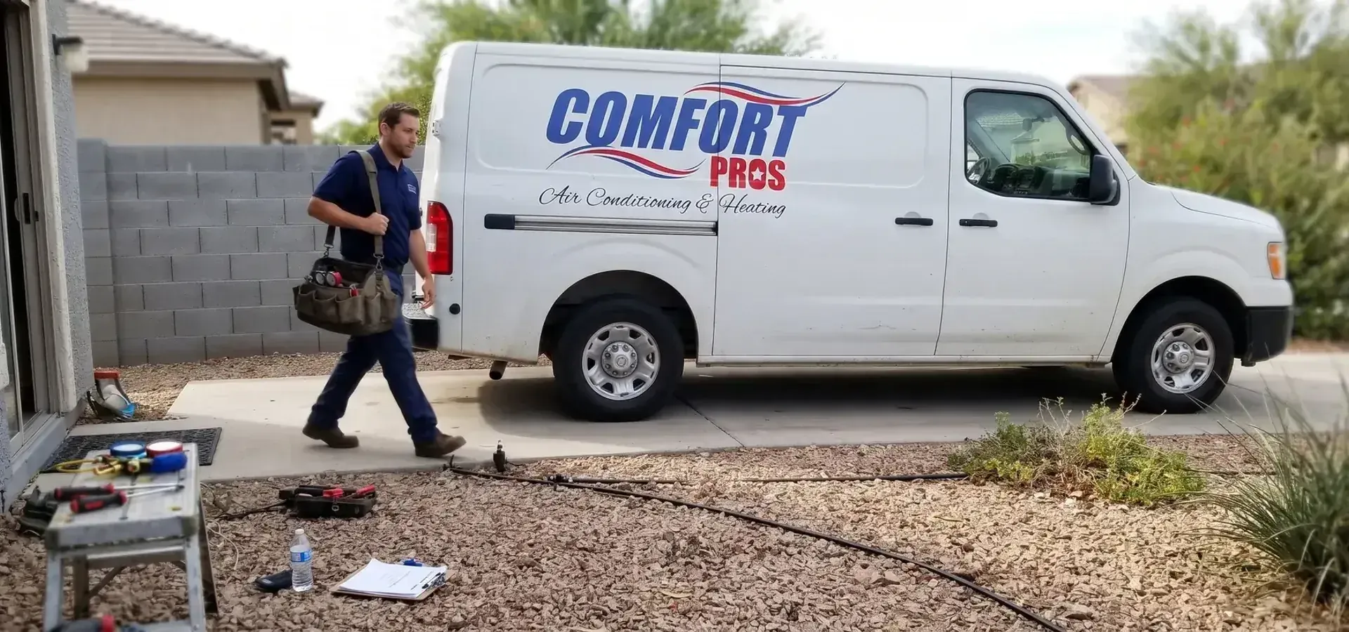 Comfort Pros HVAC technician arriving at a Gilbert AZ home for same-day AC repair service