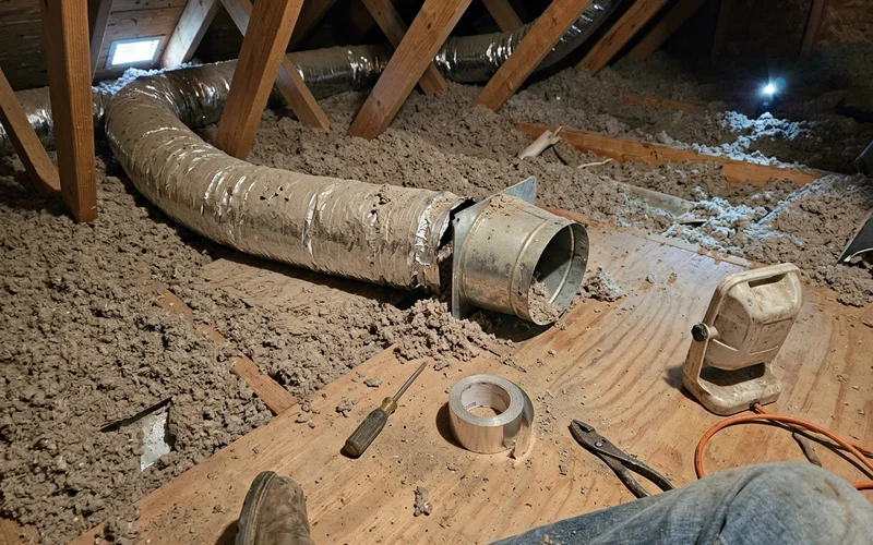 Attic flex duct with a visible gap at the boot connection