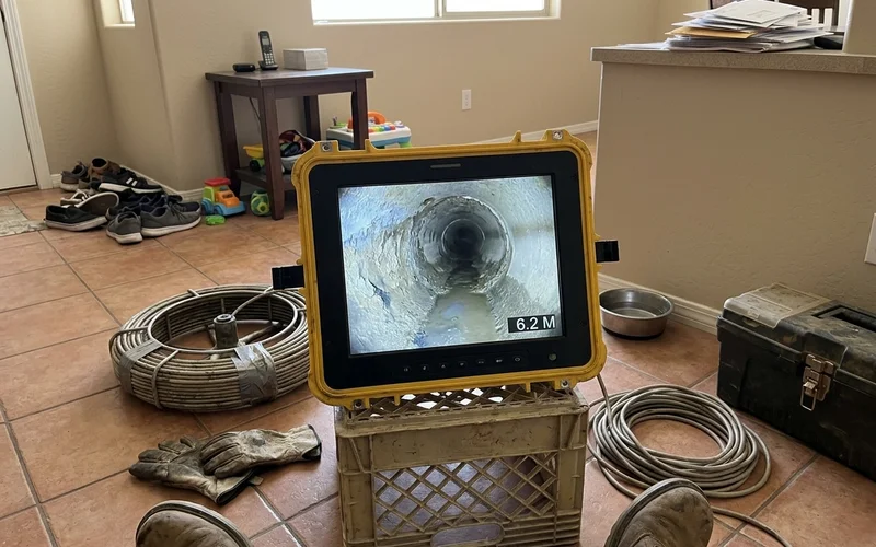 Camera monitor showing the interior of a sewer pipe with visible buildup