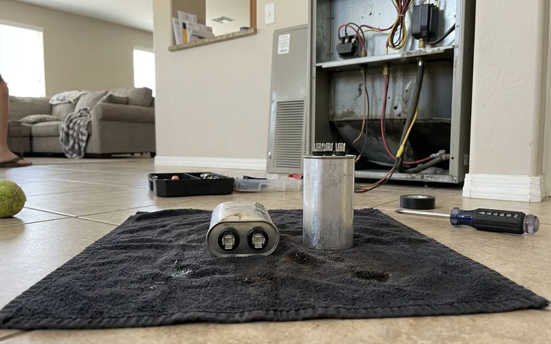Bulged capacitor top next to a new replacement on a work surface