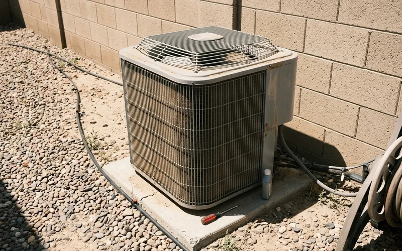 Close view of a condenser coil fin pack in desert conditions