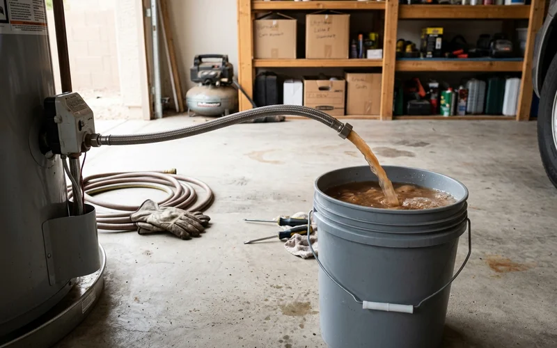 Sediment draining from a water heater hose into a bucket