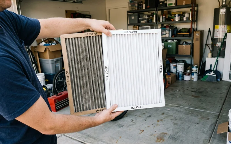 Dust-loaded pleated air filter held next to a clean replacement