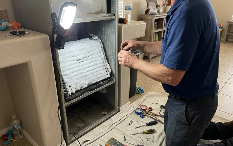 Frost built up on an indoor evaporator coil inside an open air handler cabinet