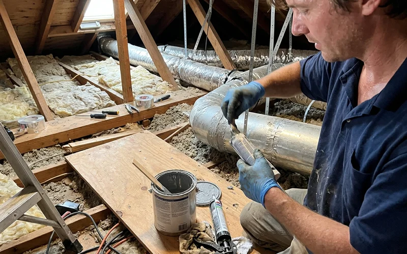 Gloved hand applying mastic sealant to a duct joint in an attic