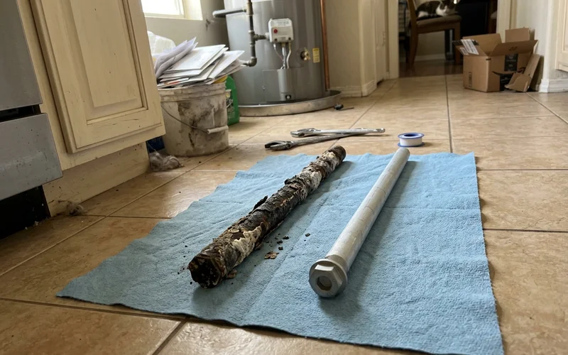 Corroded anode rod pulled from a tank lying on a shop towel