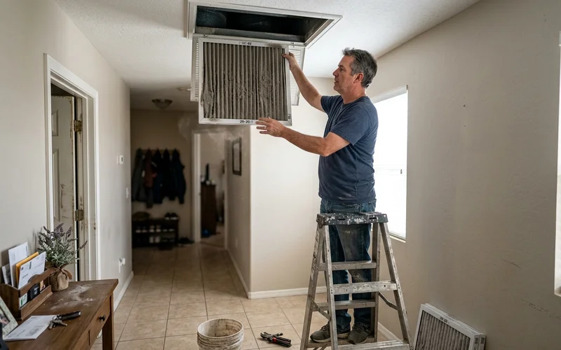 Heavily loaded return air filter being pulled from a hallway ceiling grille