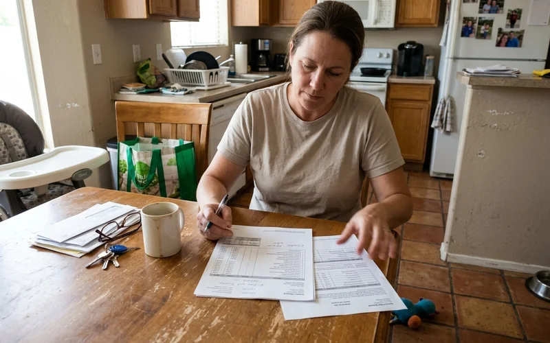 Homeowner reviewing a printed installation quote at a kitchen table