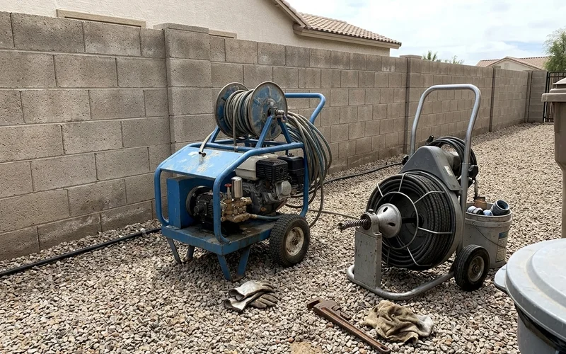 Jetter machine and cable auger machine side by side in a driveway