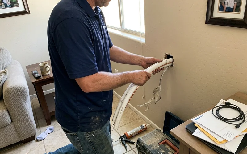 Installer routing a new line set through an exterior wall penetration