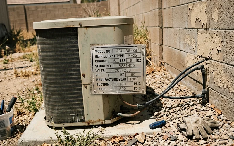 Manufacturer data plate showing model number, refrigerant type and year
