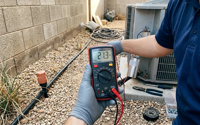 Multimeter showing a capacitor reading below its rated value