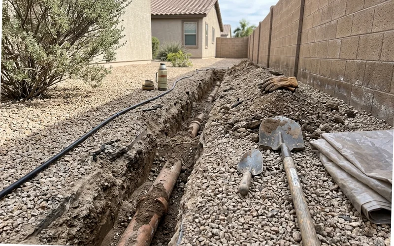 Open excavation trench across a front yard exposing an old sewer pipe