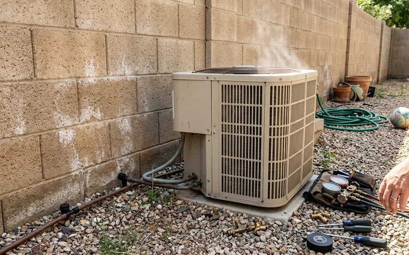 Outdoor condenser running in full sun beside a block wall on a hot afternoon