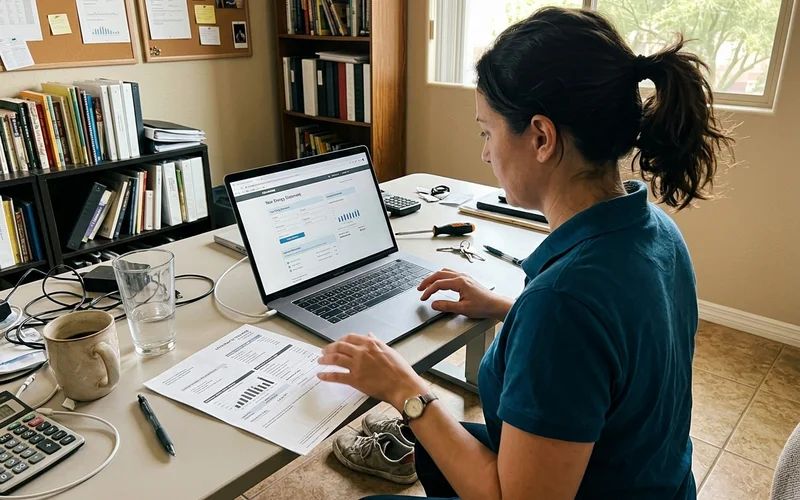 Person checking a utility account on a laptop at a home office desk