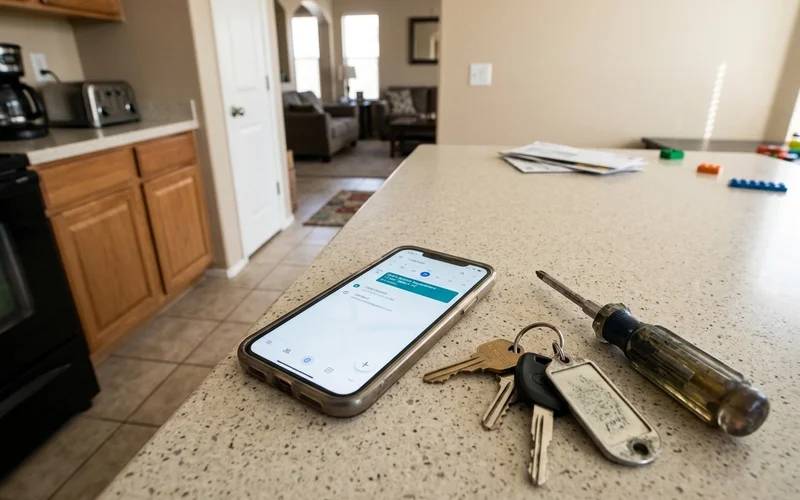 Phone calendar showing a scheduled service appointment on a kitchen counter