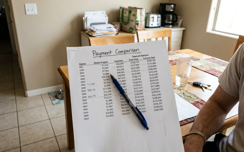 Printed payment comparison sheet with a pen resting on it