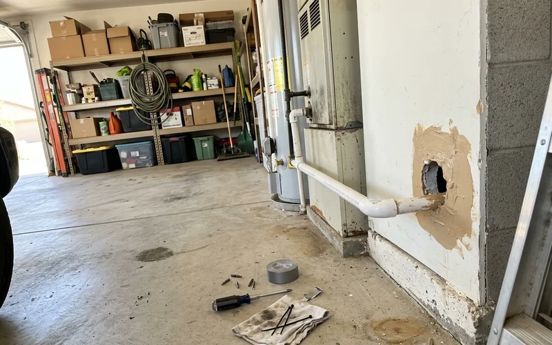 PVC condensate venting running through a garage exterior wall