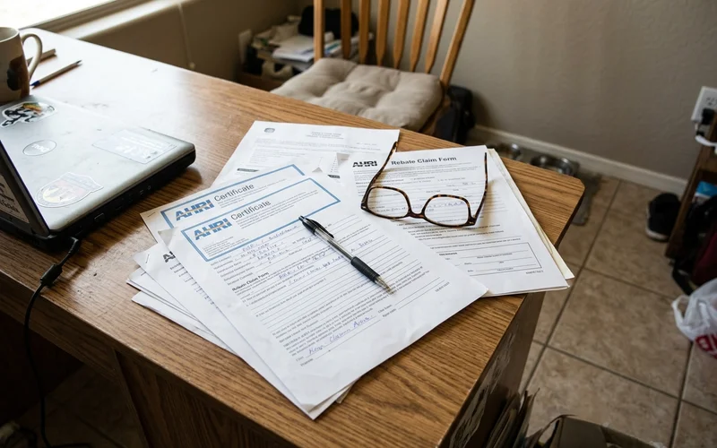 Rebate paperwork and an AHRI certificate spread on a desk