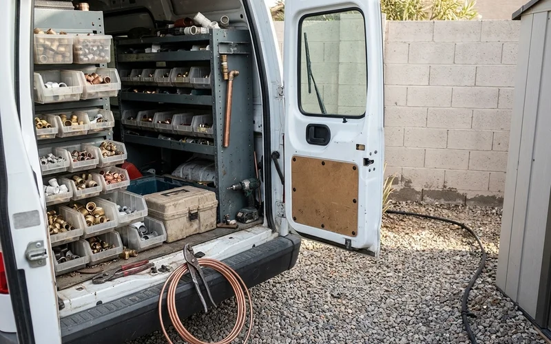 Service van with rear doors open showing organised parts bins