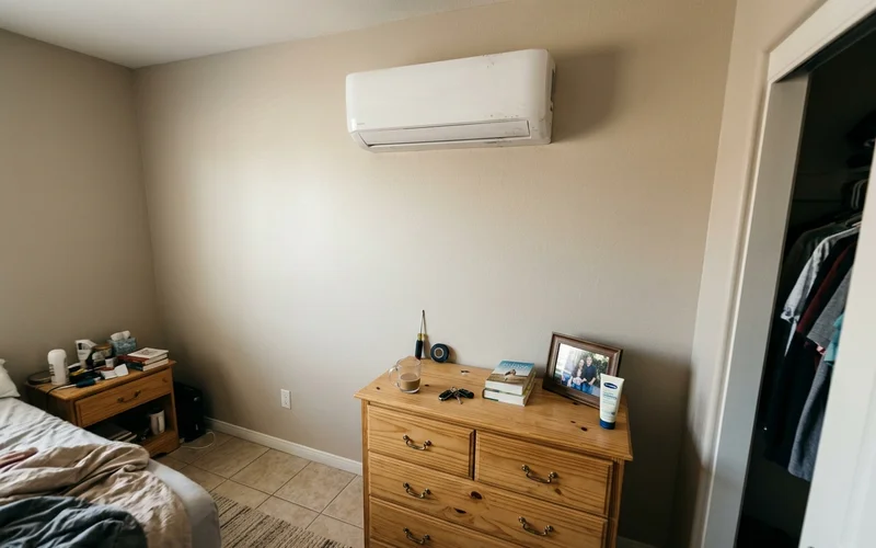 Mini split head mounted high on a bedroom wall above a dresser