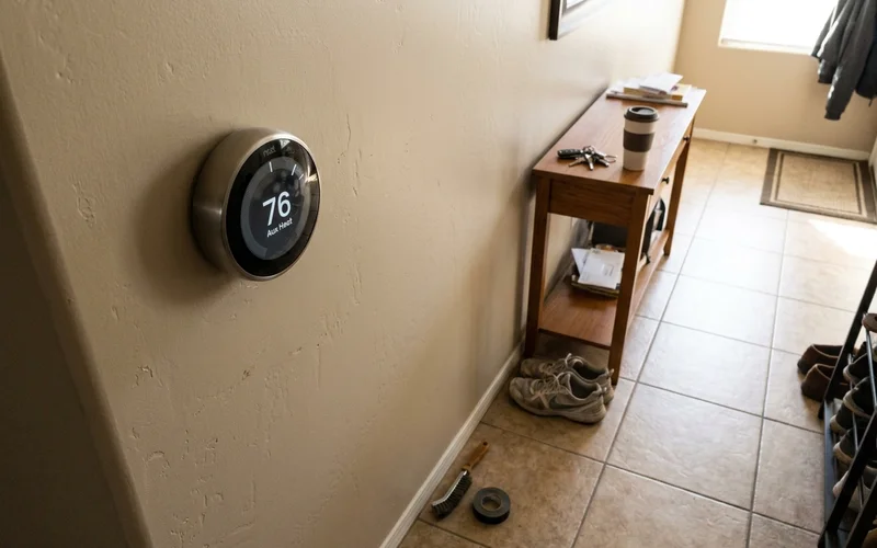 Smart thermostat showing an auxiliary heat indicator