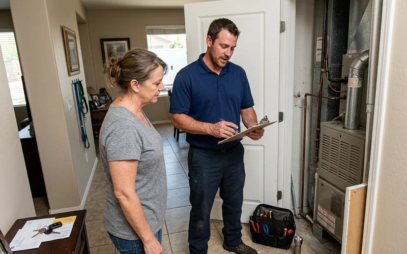 Technician and homeowner talking beside an open furnace closet