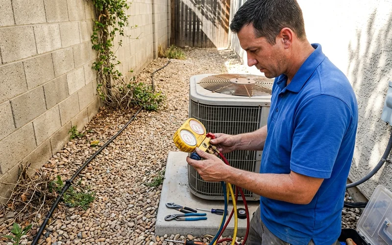 Technician checking head pressure readings during extreme afternoon heat