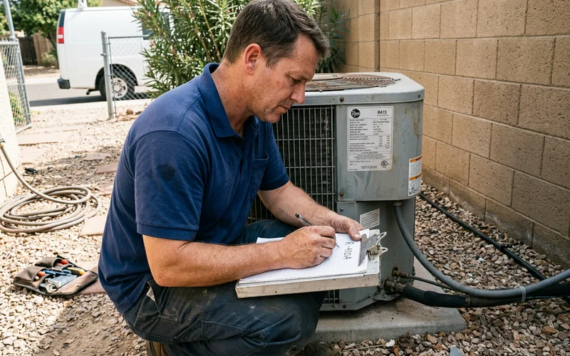 Technician checking a condenser data plate to confirm refrigerant type