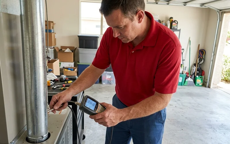Technician using a combustion analyser near a furnace flue
