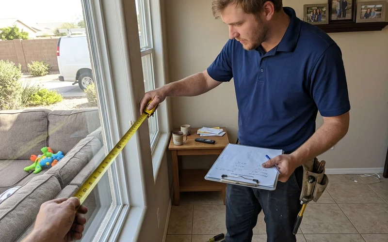 Technician measuring a window opening inside a sunlit living room