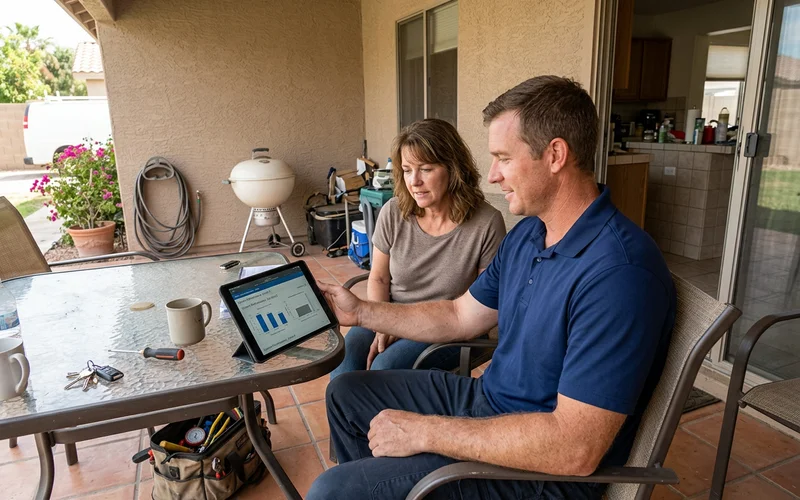 Technician showing a homeowner system readings on a tablet