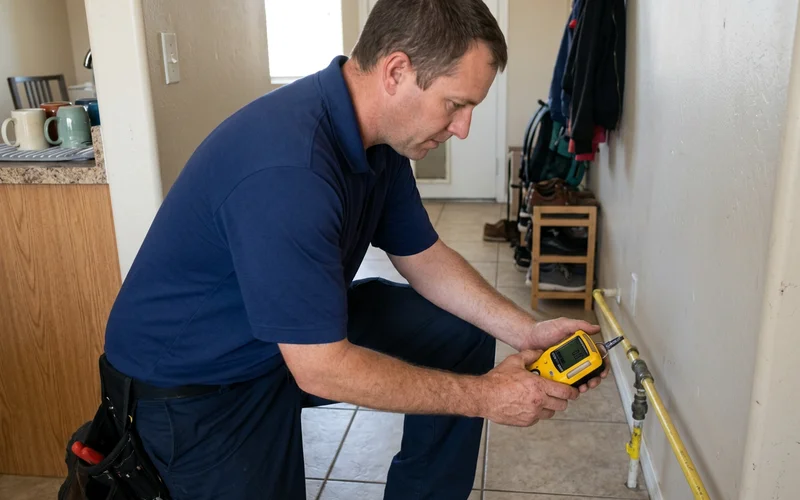Technician using a combustible gas detector along an exposed gas line