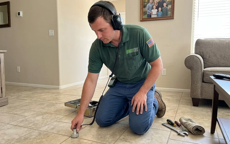 Technician using acoustic leak detection equipment on a residential floor