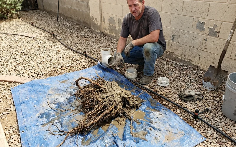 Root mass pulled from a drain line lying on a tarp