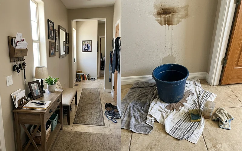 Towels and a bucket placed under a dripping ceiling stain