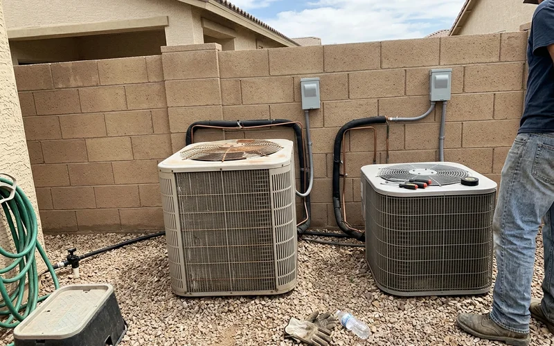 Two condensers of visibly different sizes side by side on gravel