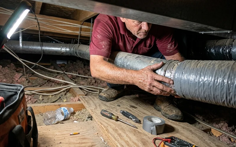 Underside ductwork of a manufactured home being inspected at a flex duct connection