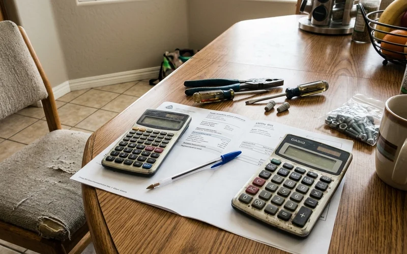 Utility bill and calculator on a kitchen table