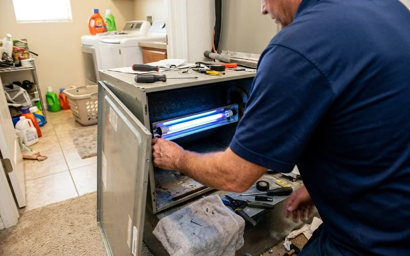 UV-C lamp installed inside an air handler plenum with the panel open