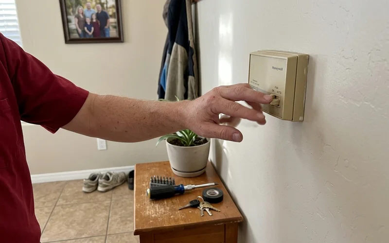 Hand switching a thermostat fan setting from ON to AUTO