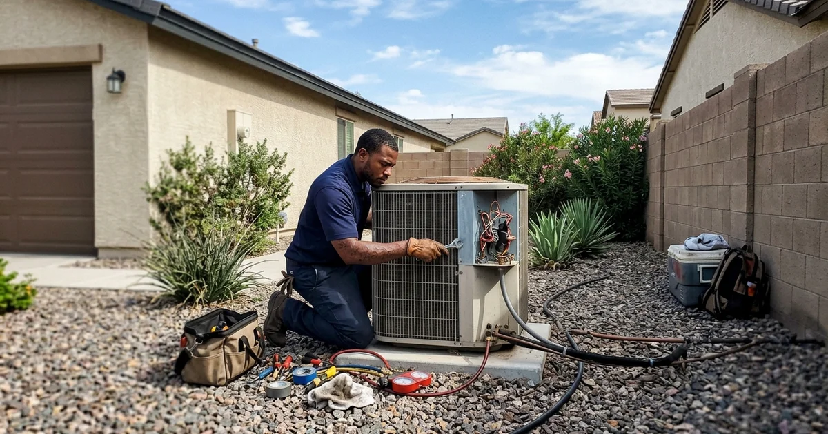 Chandler single-storey home with an ageing condenser unit in the side yard