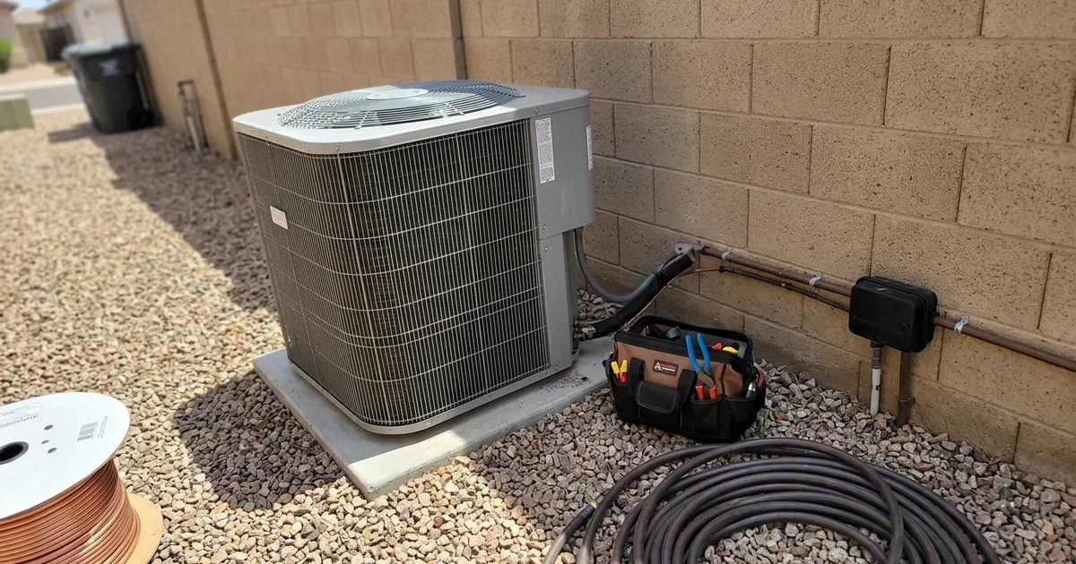 New outdoor condenser unit installed on a pad in bright desert sunlight