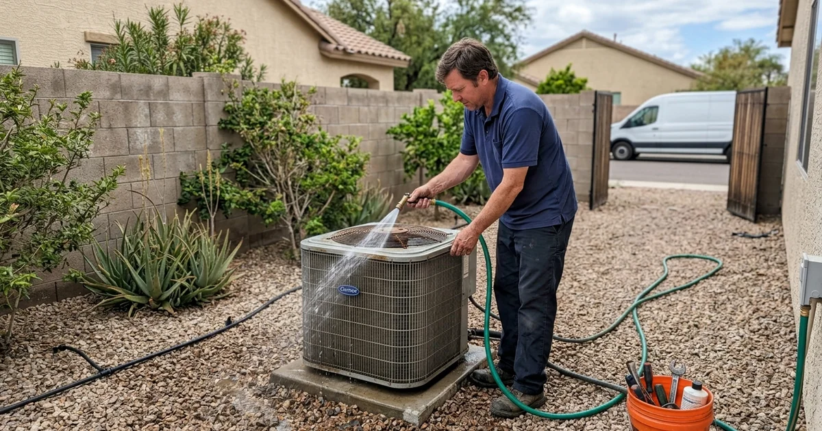 Technician washing a condenser coil during a spring tune-up