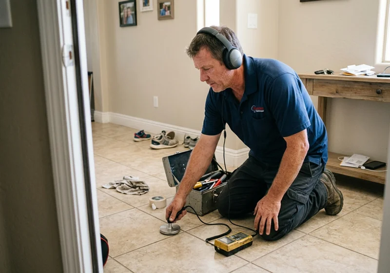 Acoustic slab leak detection equipment in use on a tiled floor