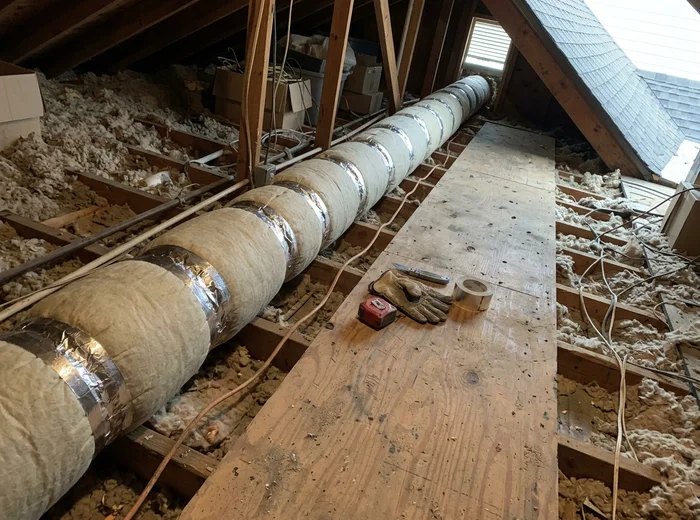 Attic duct runs re-insulated with taped seams
