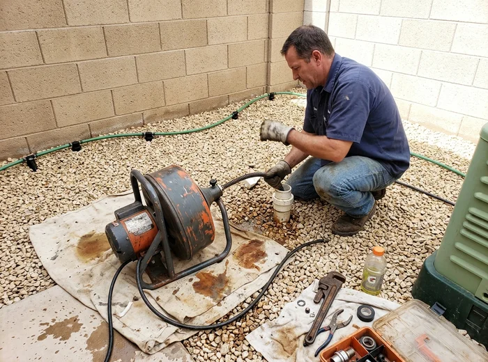 Cable snake machine in use at a bathroom cleanout with floor protection