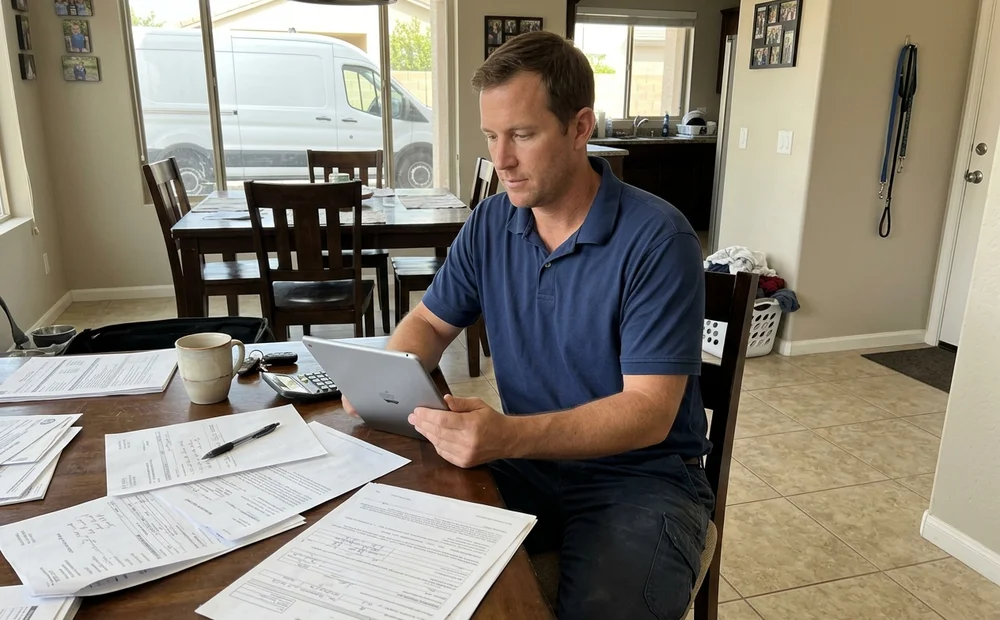 Homeowner reviewing financing options on a tablet at a dining table with paperwork spread out