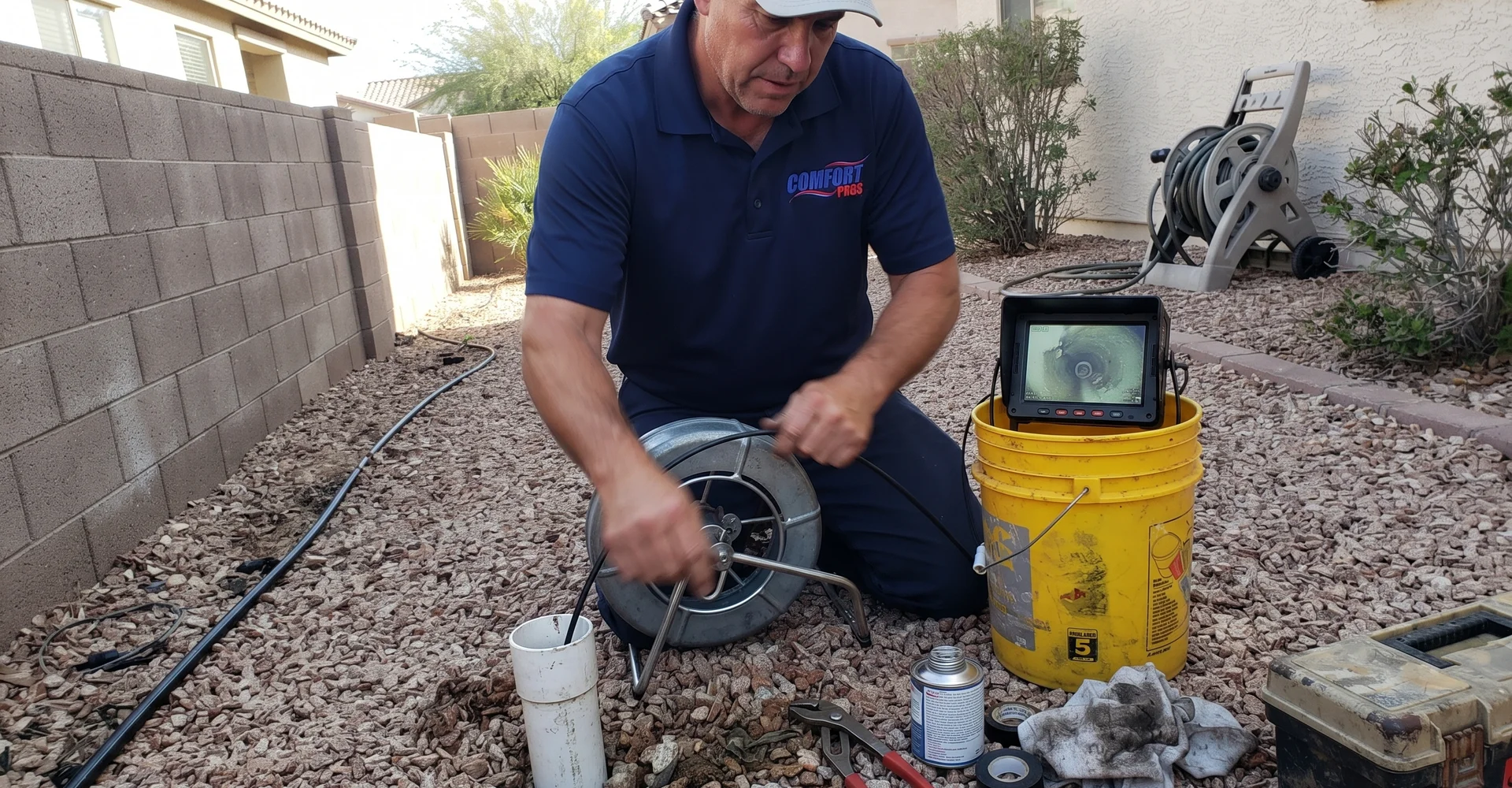 Plumber feeding a sewer camera into a cleanout with the monitor nearby