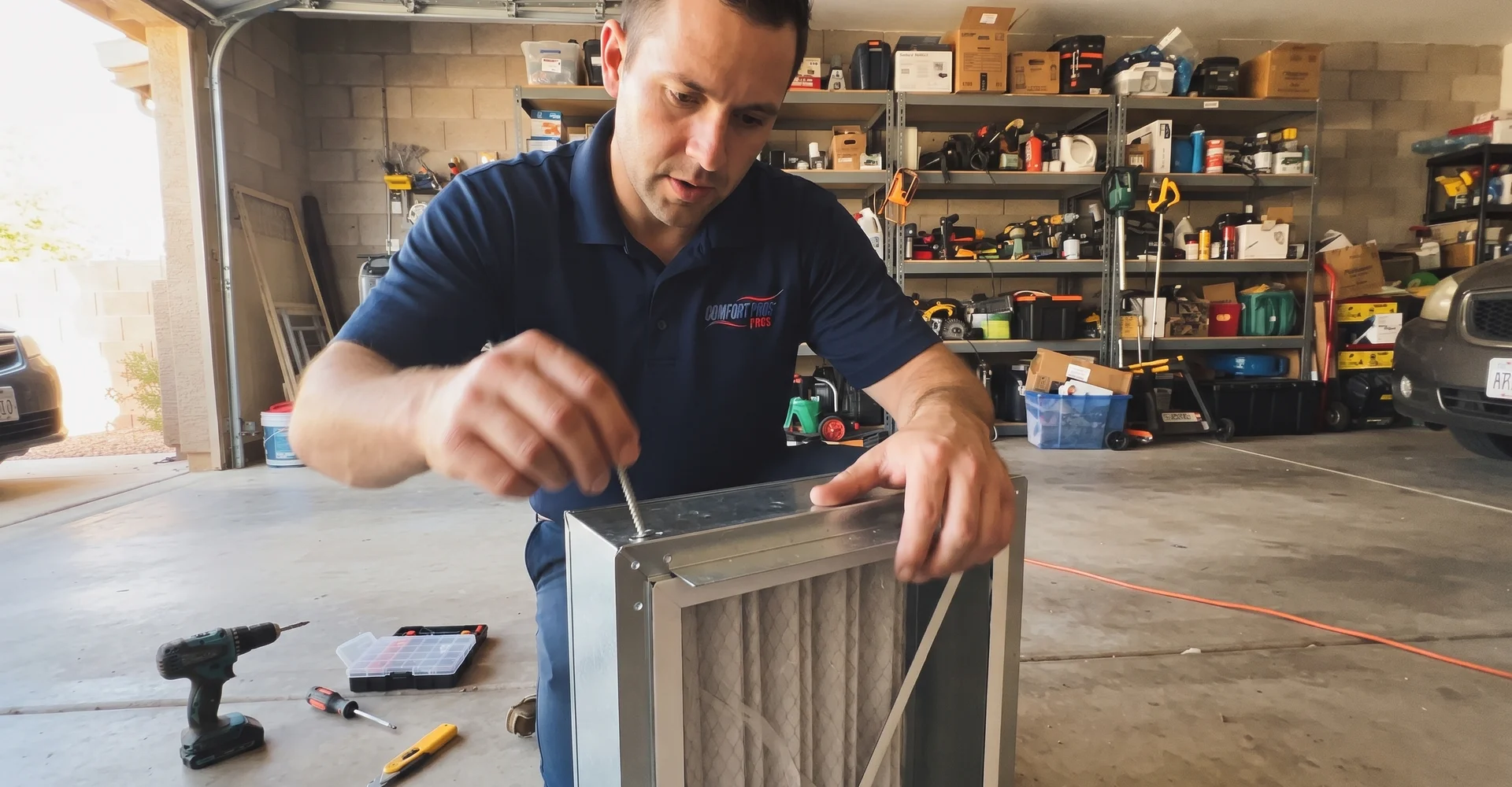 Technician fitting a media filter cabinet into a return plenum